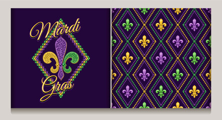Geometric beaded pattern with fleur de lis symbol in center of grid cells. Diagonal diamond shaped rhombus grid, ornament. Label with text, fleur de Lis sign made of mosaic of beads. Vintage style