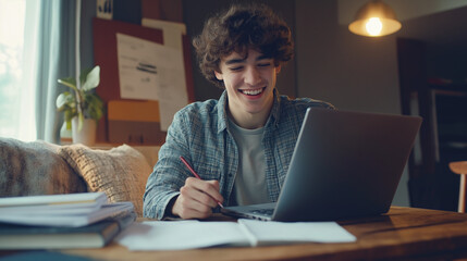 Fototapeta premium Smiling Student Studying at Home with Laptop and Notes