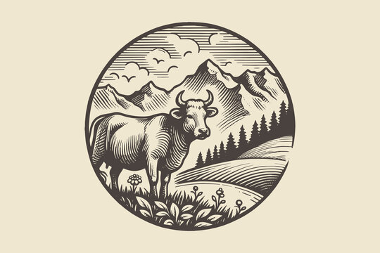 Vintage hand-drawn emblem of a cow on a pasture with farm and mountains