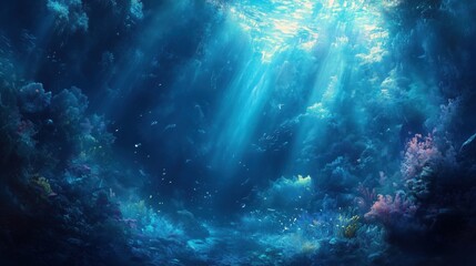 Ethereal underwater abyss with soft, cascading blue sunlight creating a peaceful, deep ocean atmosphere