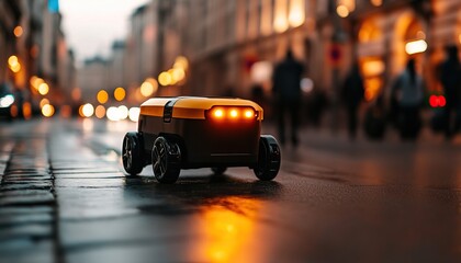 Fototapeta premium A small delivery robot moves along a city street at dusk, illuminated by its lights against a blurred backdrop of pedestrians and buildings.