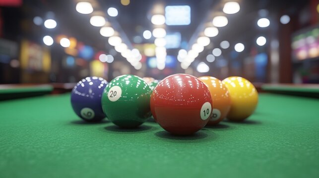 Colorful billiard balls on a green pool table in a dimly lit room.