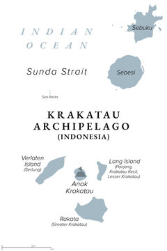 Krakatau Archipelago of Indonesia, gray political map. Four uninhabited small volcanic islands, formed by Krakatau stratovolcano, located in the Sunda Strait, between the the islands Java and Sumatra.