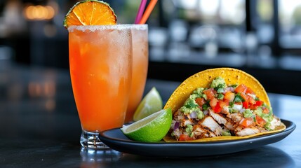 A vibrant taco with chicken, fresh vegetables, and a refreshing cocktail garnished with orange and lime sits on a table in a lively setting.