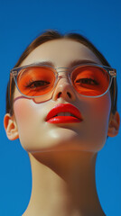 Close-up of a fashionable woman with orange sunglasses, glossy red lips, and flawless skin, set against a bright blue sky.