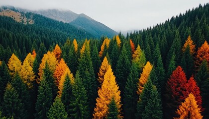 A vibrant forest scene displaying a mix of green, orange, and red trees under a cloudy sky, set against distant mountains.