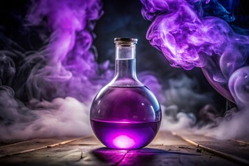 Glass Erlenmeyer flask with purple liquid Chemical laboratory Dark backdrop with smoke effect