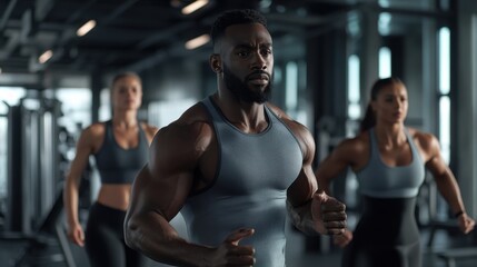 Naklejka premium Dynamic gym scene with a fitness trainer in focus and supportive team members in the background.