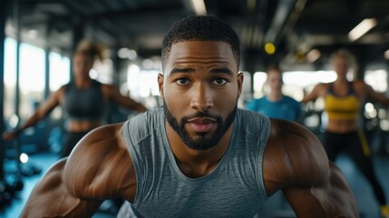 Fototapeta premium Dynamic gym scene with a fitness trainer in focus and supportive team members in the background.