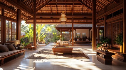 Fototapeta premium Sunlit tropical interior design of a spacious living area with high ceilings, wooden beams, and Asian-inspired furnishings.