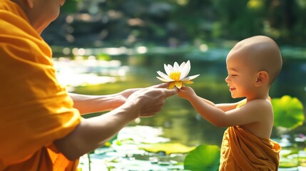 Monk and child with lotus by tranquil pond scene