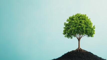 A Young Tree Growing from Soil on a Light Blue Background Depicting Growth and Sustainability Concepts
