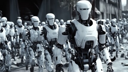 Dystopian scene of heavily armed robots advancing through a chaotic urban battlefield.