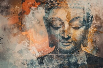 Serene Buddha statue with artistic backdrop
