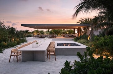 Fototapeta premium Beautiful outdoor seating area with a modern concrete wall, a large fire pit, and lush greenery