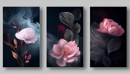 set of three vertical poster , minimalist botanical floral smoky art