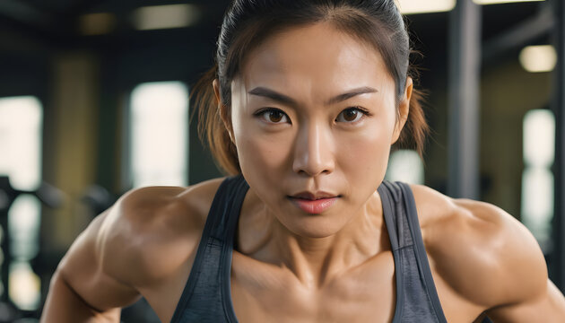 Close-up shot of Asian woman in athletic gear, performing intense workout with a focused expression