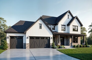 Stylish new house with modern design. Exemplary construction with white siding, natural stone porch. Double garage. Spacious, functional layout. Airy, bright with plenty of natural light. Attractive