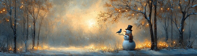 A serene winter scene featuring a snowman with a bird, surrounded by softly glowing trees and a magical, snowy landscape.