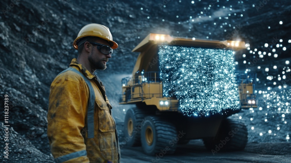 Poster engineer collaborating with digital tools to enhance mineral extraction efficiency in a tech-savvy s