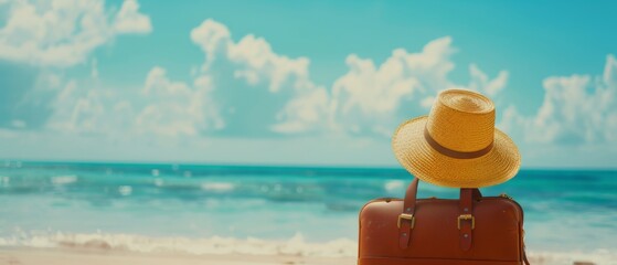 Naklejka premium A straw hat rests atop a leather suitcase on a serene beach, evoking dreams of escape and wanderlust under a clear blue sky.