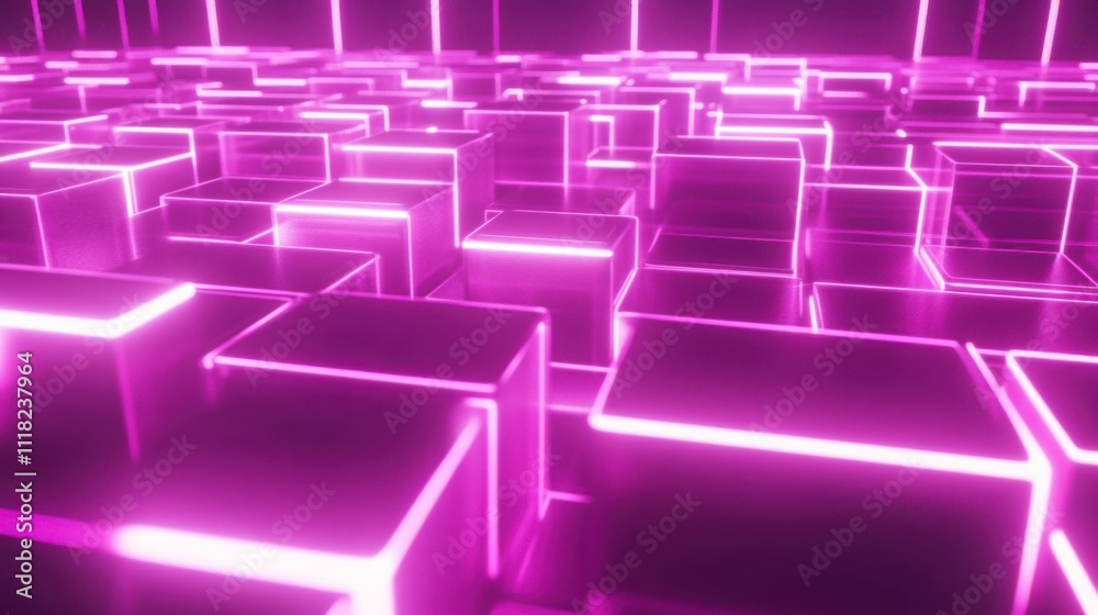 Poster illuminated purple cubes create a dynamic and abstract representation of data in a digital environme