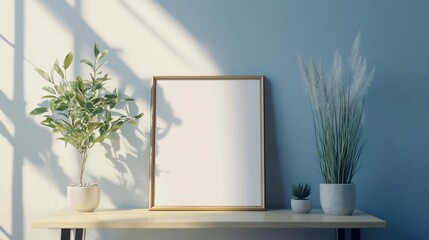 Modern Home Decor: Blank Frame with Plants and Sunlight