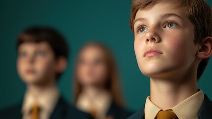 Obraz premium Young Student with Hopeful Expression in Classroom Setting Against Blurred Peers