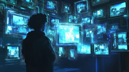 A person viewing a digital holographic gallery of their memories stored in the cloud, 