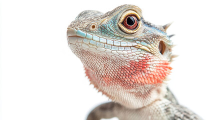 Fototapeta premium Close-up of a colorful lizard with textured scales and striking eyes against a white background, showcasing detailed patterns and vibrant hues.