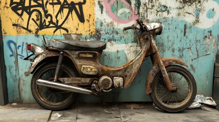 Fototapeta na wymiar A motorbike with rusty spokes and worn-out brakes, leaning against a graffiti-covered barrier,