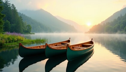 Tranquil lake at sunrise with three canoes on calm water