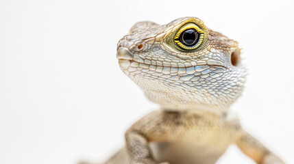 Obraz premium Close-up of a lizard with textured scales and vivid eyes on a white background.