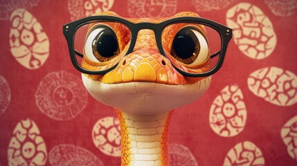Cute little snake with glasses on red festive background