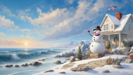 Snowman’s Coastal Retreat: Winter’s Ambassador Finds Peace by the Sea