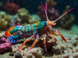 Vibrant Rainbow Mantis Shrimp In Coral Reef Habitat