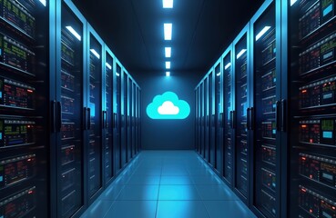 Modern data center with rows of server racks. High-tech equipment organized in spacious room. Central cloud icon lights up center of corridor. Scene displays cutting-edge tech, virtualization.