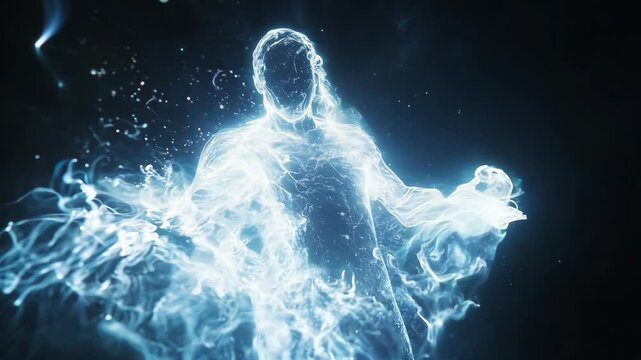 Ethereal Light Figure in Motion with Energy Particles