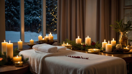 A cozy photo of a Christmas spa in the evening. A massage table is surrounded by glowing candles and winter decorations. The atmosphere of tranquility and comfort is perfect for relaxation.