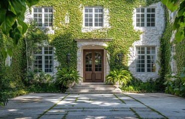 A front view of the entrance to an elegant, Mediterranean-style mansion