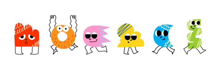 Funny cartoon characters mascots in trendy retro style and different geometric shapes. Hand drawn abstract funny cute comic characters sticker pack. Diversity concept.