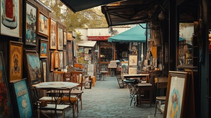 A quaint Parisian flea market filled with vintage posters, furniture, and collectibles