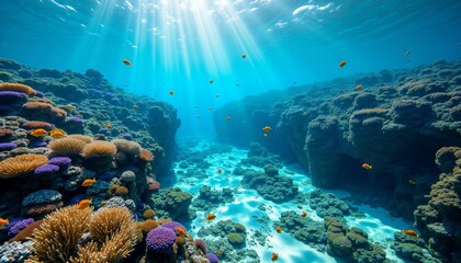 Obraz premium Underwater Scene with Coral Reef and Sunlight Rays