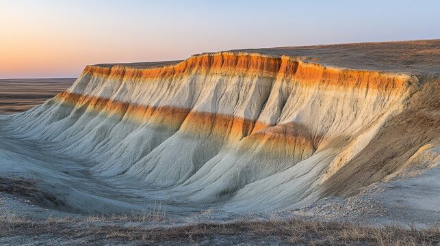 Colorful sandstone cliffs at sunset, layered rock formations in arid landscape.