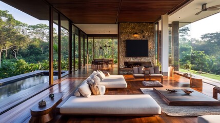 Fototapeta premium Luxurious modern living room with floor-to-ceiling windows overlooking a lush green landscape and infinity pool.