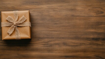 Naklejka premium Elegant gift box with lace ribbon on wooden surface festive decoration close-up view cozy atmosphere