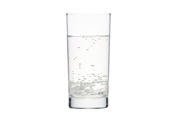 Elegant tall water glass featuring a subtle curve, filled halfway with crystal-clear water, displaying a few bubbles rising to the surface, emphasizing freshness and purity.