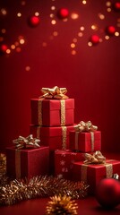 Elegant red and gold holiday gift boxes create a cheerful atmosphere, perfect for Chinese New Year celebrations, greeting cards, or festive promotional materials.