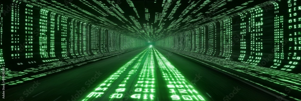 Wall mural digital data tunnel, concept of future digital transformation and technology of binary code