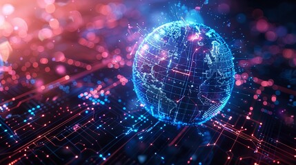Obraz premium Blockchain technology futuristic hud background with world globe and blockchain polygon peer to peer network